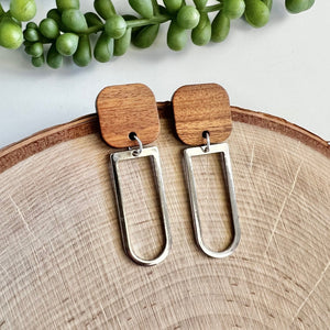 Wood Square with Brass Rounded Rectangle Earring