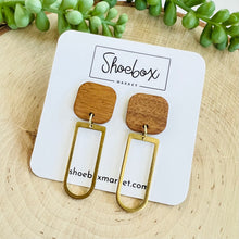 Load image into Gallery viewer, Wood Square with Brass Rounded Rectangle Earring
