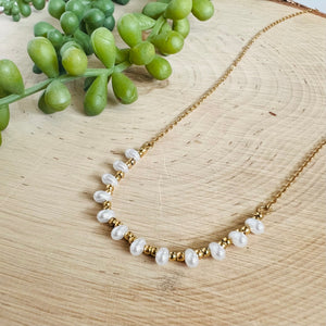 Stainless Steel Necklace with Mini Pearls and Beads - Gold