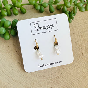 Steel Creole Earrings with 2 Freshwater Pearls - Gold