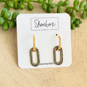 Stainless Steel Earring with Oval Crystal Pendant–Black/Gold