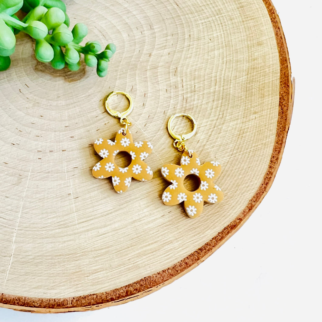 Funky Flower Huggie Earrings - Mustard