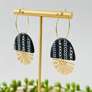 Lucy Black Clay Earrings with Brass Sunburst
